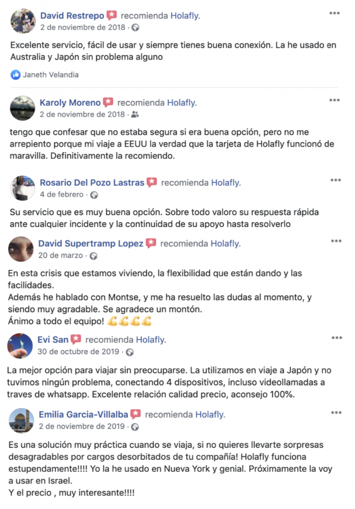 Opiniones de Holafly en facebook 